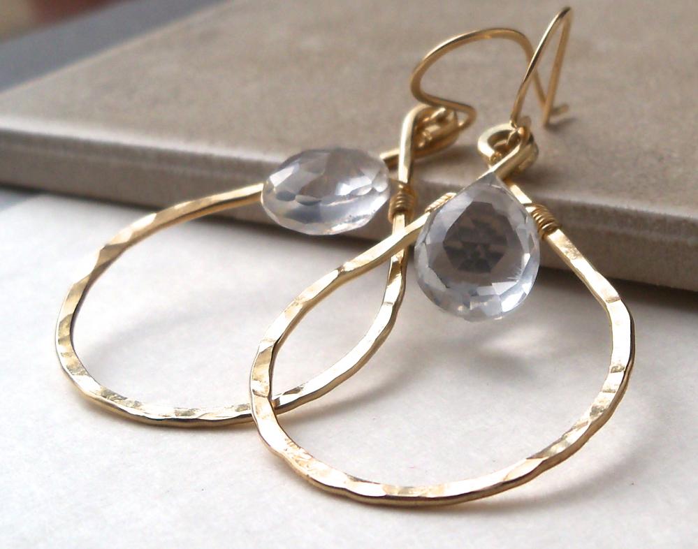 Hammered Brass Teardrop Hoop Earrings with Crystal Quartz Drops